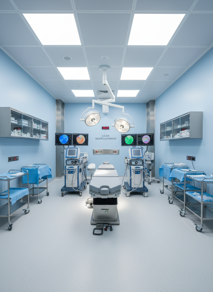 A panoramic view of a modern ophthalmology operating theatre in Turkey designed for laser eye surgery, featuring a central surgical bed upholstered in light grey, surrounded by advanced laser consoles, diagnostic monitors, and neatly organized carts with covered sterile instruments. The room’s walls are a soothing pale blue, accented with stainless steel fixtures and built-in storage. Bright but diffused LED ceiling panels bathe the space in uniform white light, eliminating harsh shadows and highlighting the immaculate cleanliness of every surface. Shot in photographic realism from a wide-angle eye-level perspective with sharp focus throughout, the composition emphasizes organization, safety, and international hospital standards, creating a calm, trustworthy, and world-class medical environment.