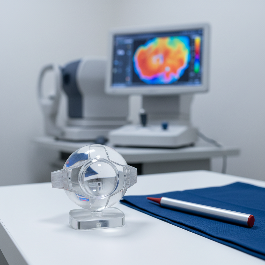 A close-up of a transparent acrylic model eye placed on a pristine white examination table, its detailed cornea and lens clearly visible, next to a slim metallic laser pointer device resting on a folded navy-blue surgical drape. In the background, softly out of focus, stands a large diagnostic machine with a glowing digital screen displaying a colorful topographic map of the cornea. Cool, even clinical lighting from overhead panels creates gentle reflections on the acrylic surfaces and soft shadows on the tabletop. Photographic realism, shot from a slightly elevated angle with a shallow depth of field, conveys a calm, precise, and educational atmosphere suited to explaining laser eye surgery techniques in a modern Turkish clinic.